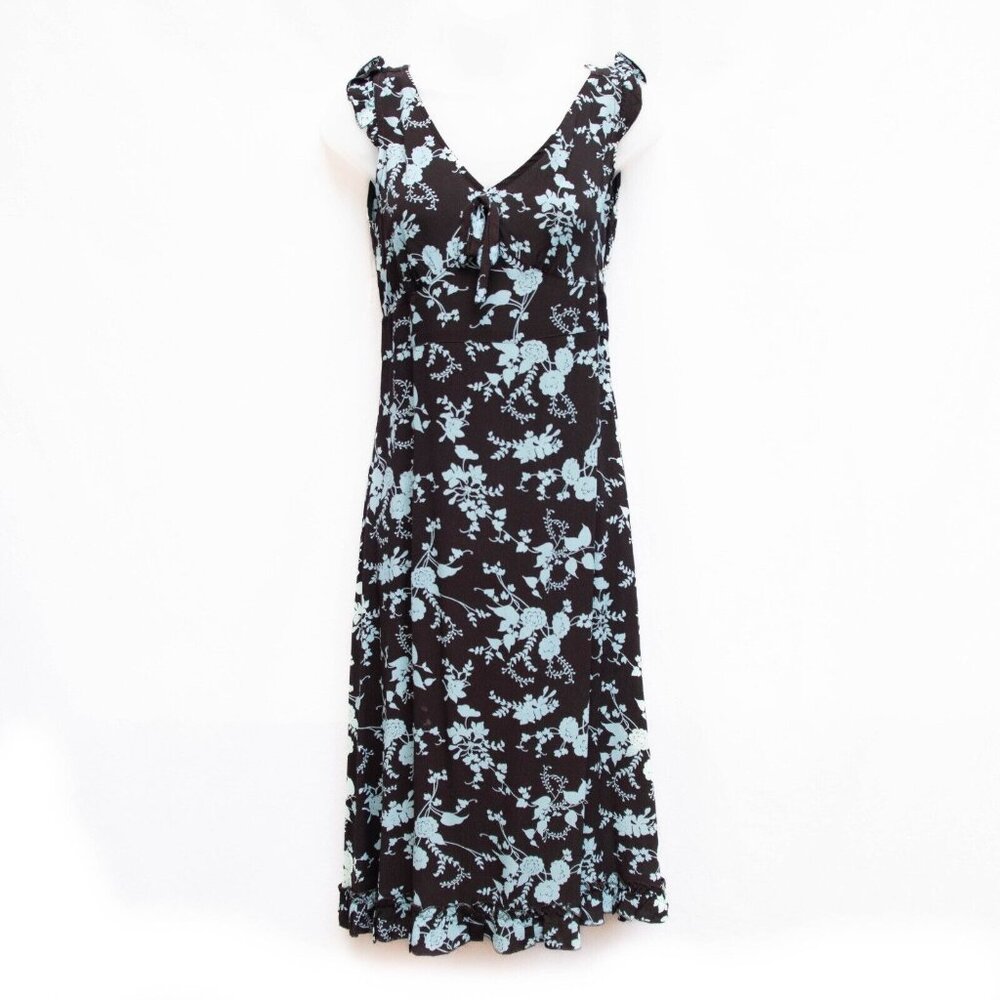 Vtg Romantic Babydoll Dress Women 6 Brown Blue Tie Back Midi 90s Cottagecore Y2K